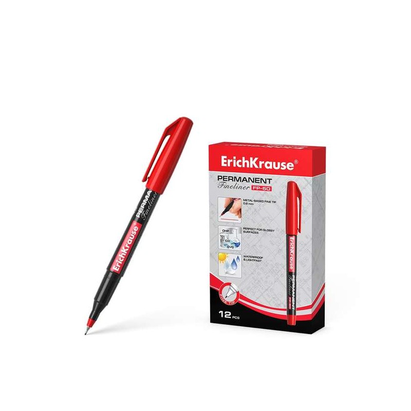 Erichkrause Marcatore permanente Fp-50 - Punta fine 0.6 mm - Resistente alla luce e all'acqua - Colore rosso