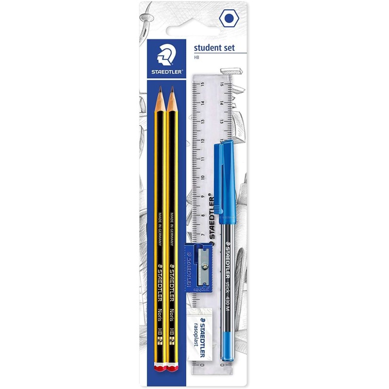 Staedtler Confezione da 2 matite esagonali Noris in grafite 2HB + 1 matita stick 430 blu + 1 gomma + 1 temperamatite +1 