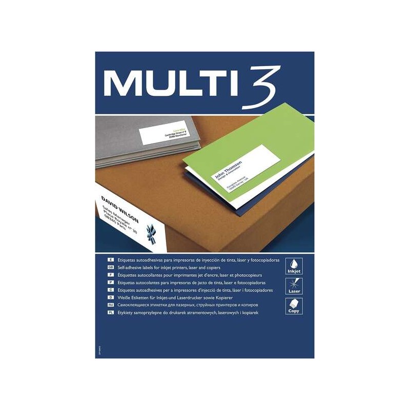 Multi3 Confezione da 2700 etichette bianche formato 70x30 mm - 100 fogli x 27 etichette - adatte alla stampa