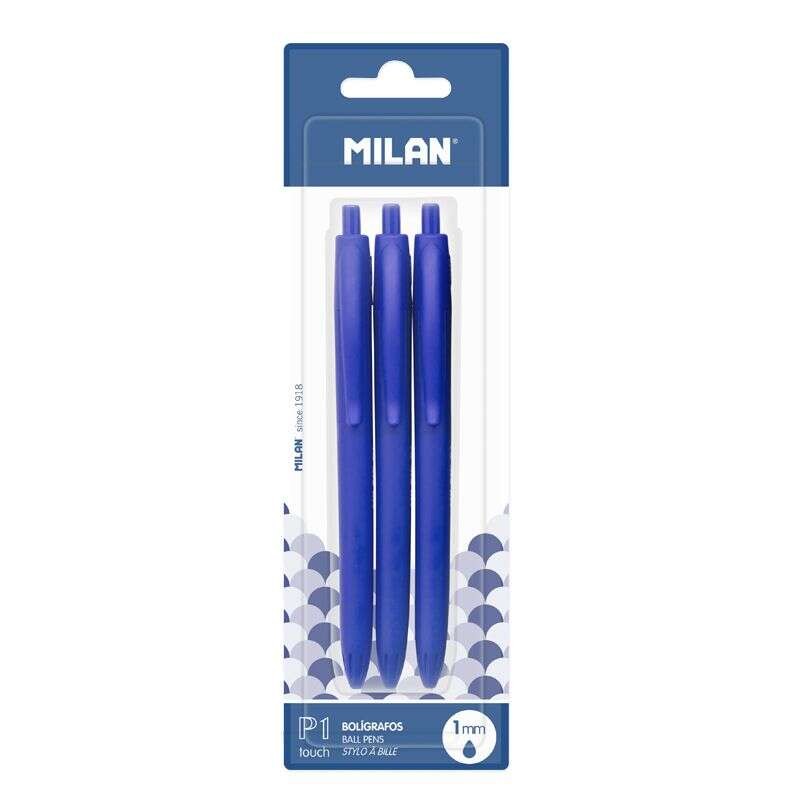 Milan P1 Touch Confezione da 3 penne a sfera retraibili - Rotonde da 1 mm - Inchiostro a base d'olio - Scrittura scorrev