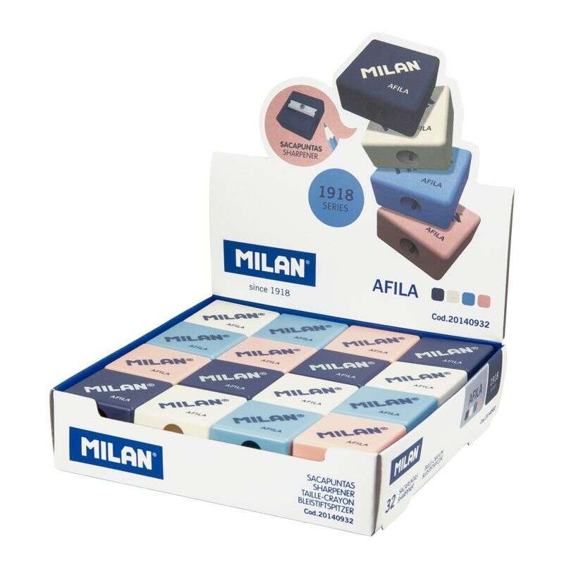 Milan Afila Serie 1918 Display da 32 affilatoi - Lama in acciaio - Colori bianco. azzurro. blu scuro e rosa