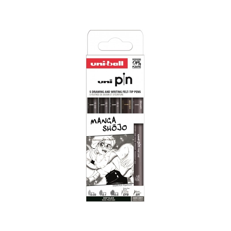 Uni-ball Uni Pin Sleeve Shojo Confezione da 5 penne calibrate 0.03. 0.1. 0.5. grigio pennello e nero EFB - Punta in poli
