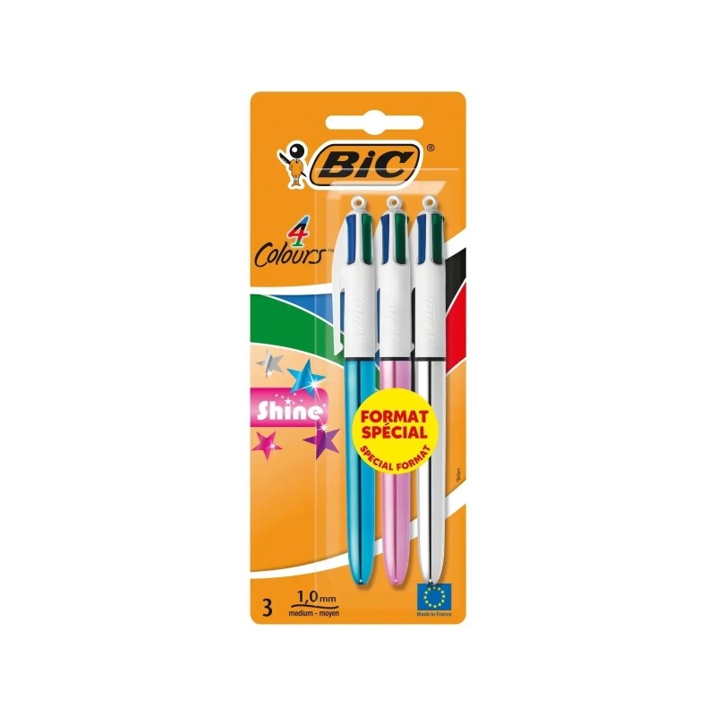 Bic 4 Colours Shine Confezione da 3 penne a sfera retraibili - Pennino 1 mm - Linea 0.4 mm - Inchiostro a base di olio -
