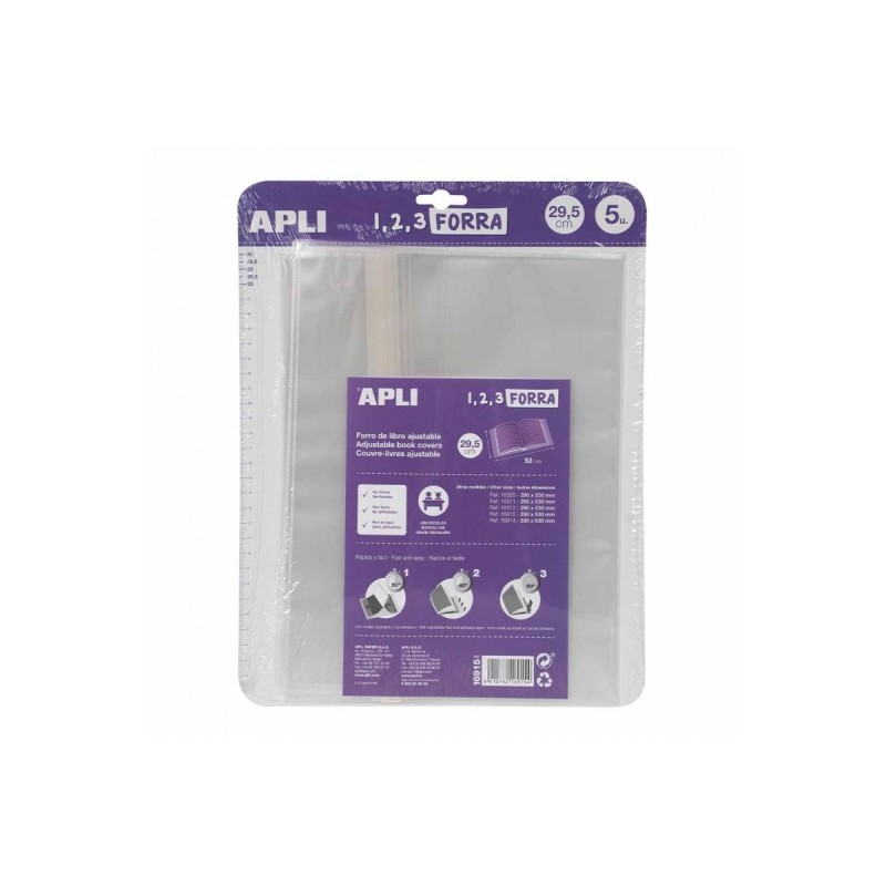 Apli Confezione da 5 copertine per libri 295 mm in polipropilene da 75 micron - Lembo autoregolabile - Facile fodera in 