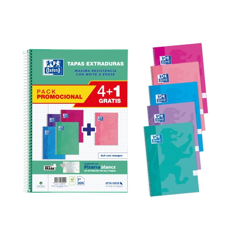 Oxford School WriteeErase Confezione 4+1 di quaderno a spirale 80 fogli 4x4 griglia con margine - Copertina extra forte 