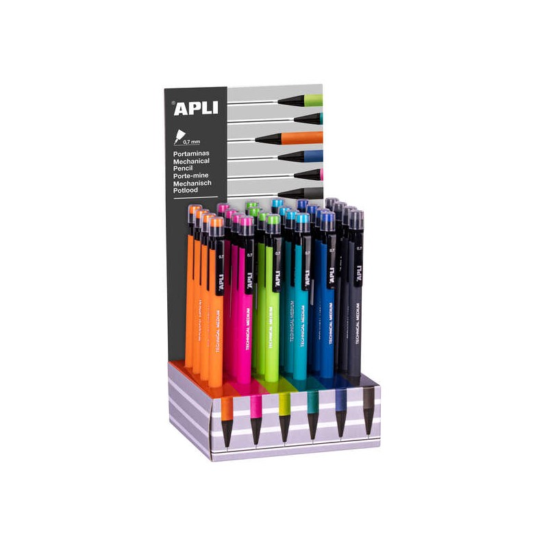 Espositore per matite Apli - 0.7 mm - Texture morbida - Colori fluorurati assortiti - Cappuccio con tappo trasparente e 