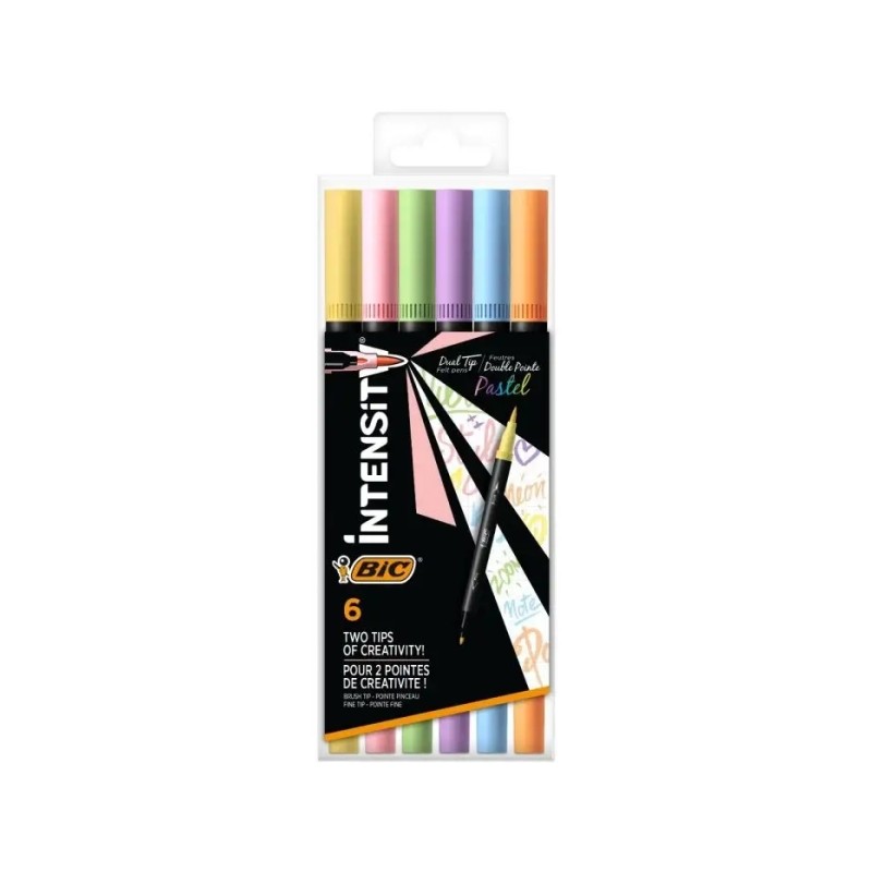 Bic Intensity Dual Tip Pastel 6-Pack Penna a doppia punta - Punta a pennello + punta fine - Inchiostro a base d'acqua - 