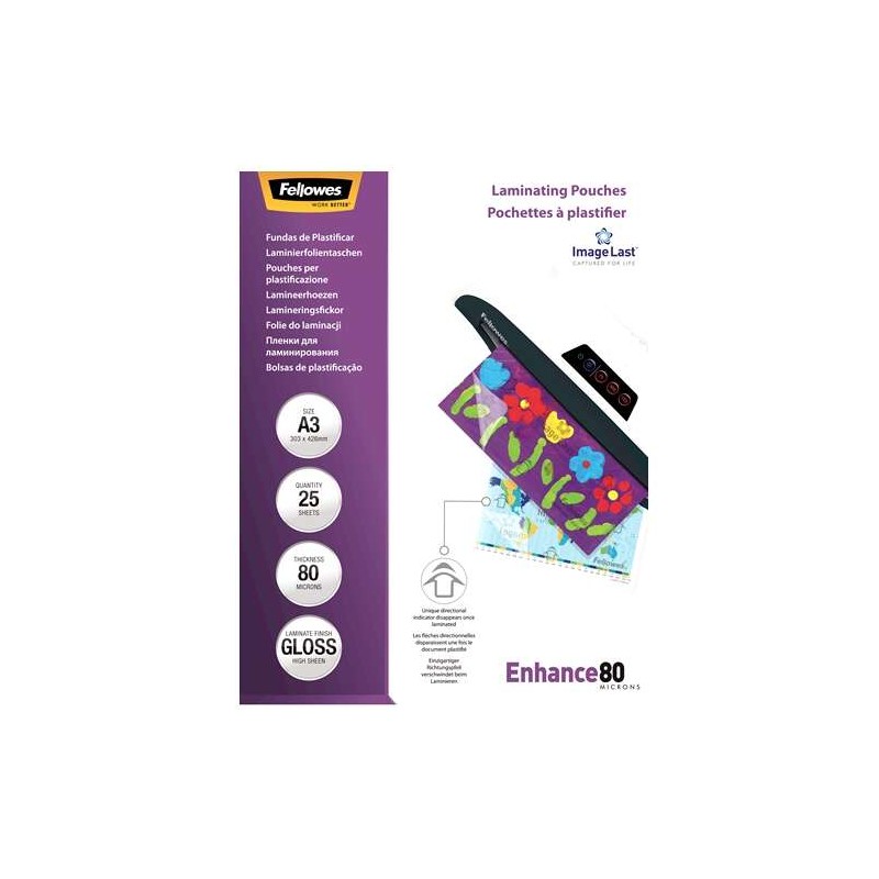 Fellowes Confezione da 25 maniche di laminazione lucide A3 - 80 Micron - Alta qualità - Trasparente