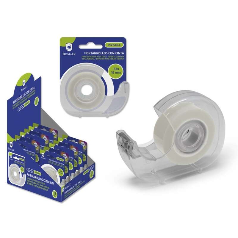 Bismark Nastro adesivo invisibile 19mmx33m con supporto per rotolo - Corpo in plastica - Ideale per uso scolastico - Tra