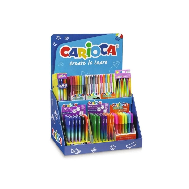 Carioca Display Fiorella Include 5 OOPS Easy Blister da 3 pezzi Blu Rosso. 7 OOPS Easy Blister da 6 pezzi. 7 Fiorella Me