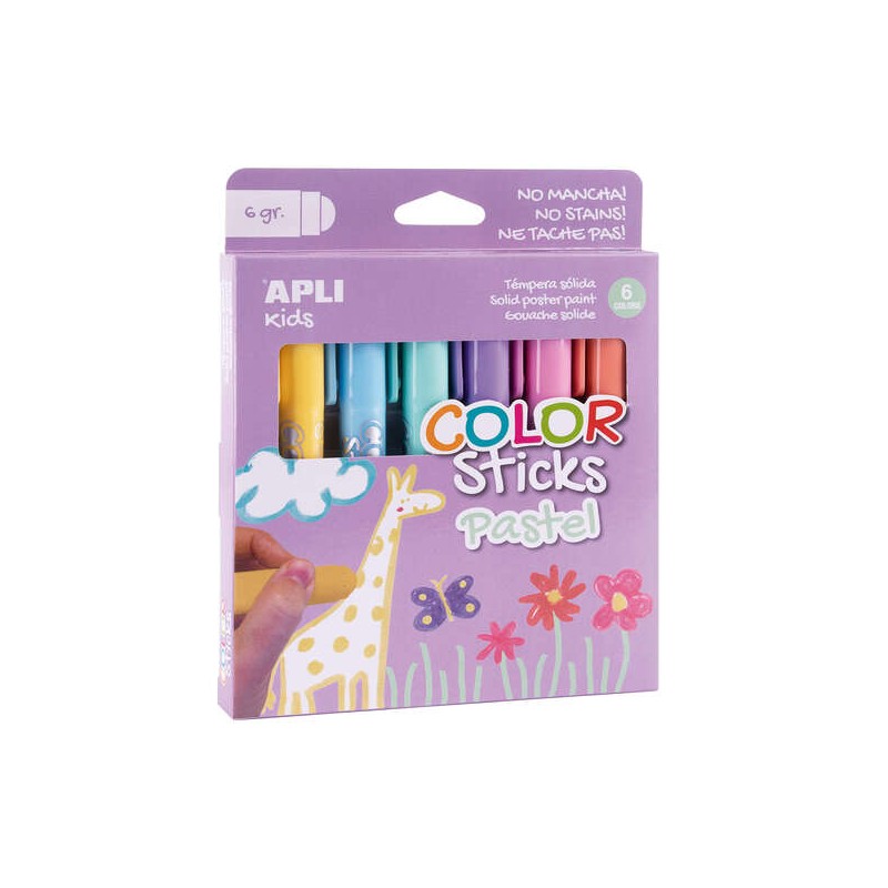 Apli Color Sticks Tempera Solida - Confezione da 6 unità da 6 g in colori pastello - Finitura satinata senza vernice - 