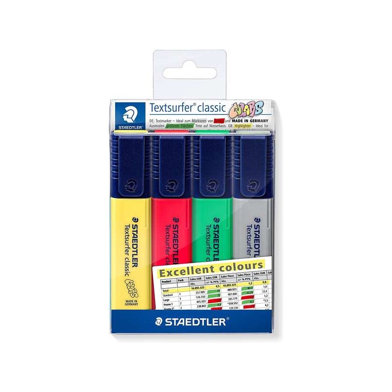 Staedtler Textsurfer Classic 364 Confezione da 4 evidenziatori - Punta smussata 1 - 5mm circa - Asciugatura rapida - Col