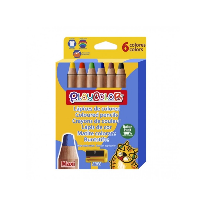 PlayColor Maxi Confezione da 6 Matite Colorate Spesse + Temperamatite - Extra Morbide - Adatte per carta. cartone. vetro