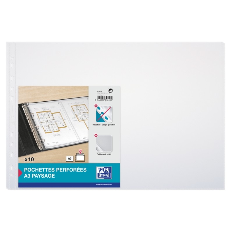 Oxford Confezione da 10 buste A3 Multidrill 90 Micron - 11 fori - Polipropilene standard - Finitura pelle arancione - Tr