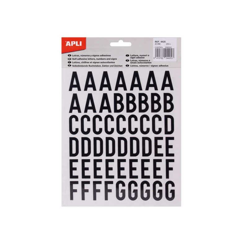 Apli Stickers Lettere maiuscole - Altezza 25 mm - Nero - Confezione da 4 fogli con 209 lettere