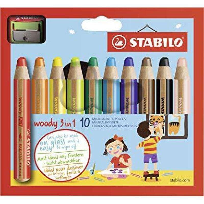 Stabilo Woody 3 in 1 confezione da 10 matite colorate + temperamatite - Matita colorata. matita a cera e acquerello. tut