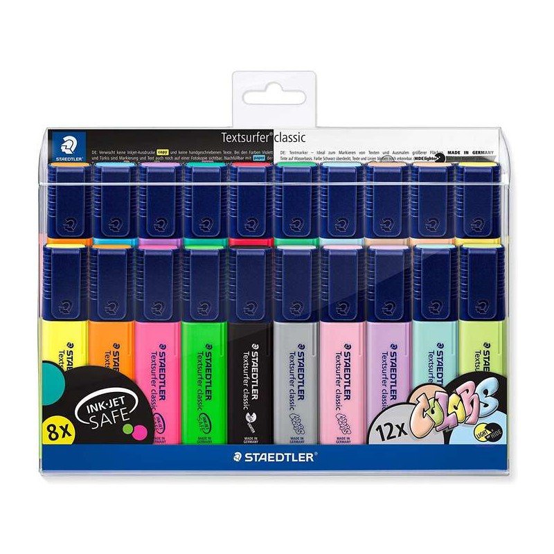 Staedtler Textsurfer Classic 364 Confezione da 20 evidenziatori - Punta smussata - Linea da 1 a 5 mm - Inchiostro a base