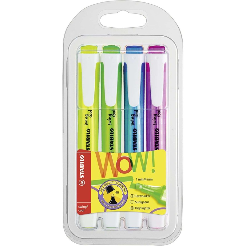 Stabilo Swing Cool confezione da 4 pennarelli fluorescenti - Corpo piatto - Punta smussata - Linea da 1 a 4 mm - Inchios