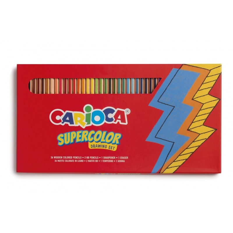 Carioca Confezione da 40 pezzi - 36 matite colorate Supercolor + 2 matite di grafite HB + gomma + temperamatite in metal