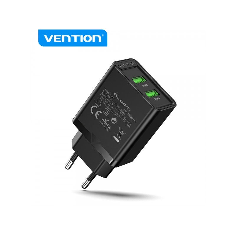 Caricatore da parete Vention 2xUSB-A 3A 18W - Ricarica rapida - Colore nero