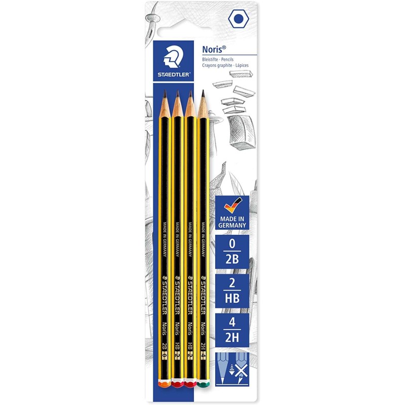 Staedtler Noris 120 Confezione da 4 matite di grafite esagonali - Gradazioni assortite - Resistenza alla rottura - Legno