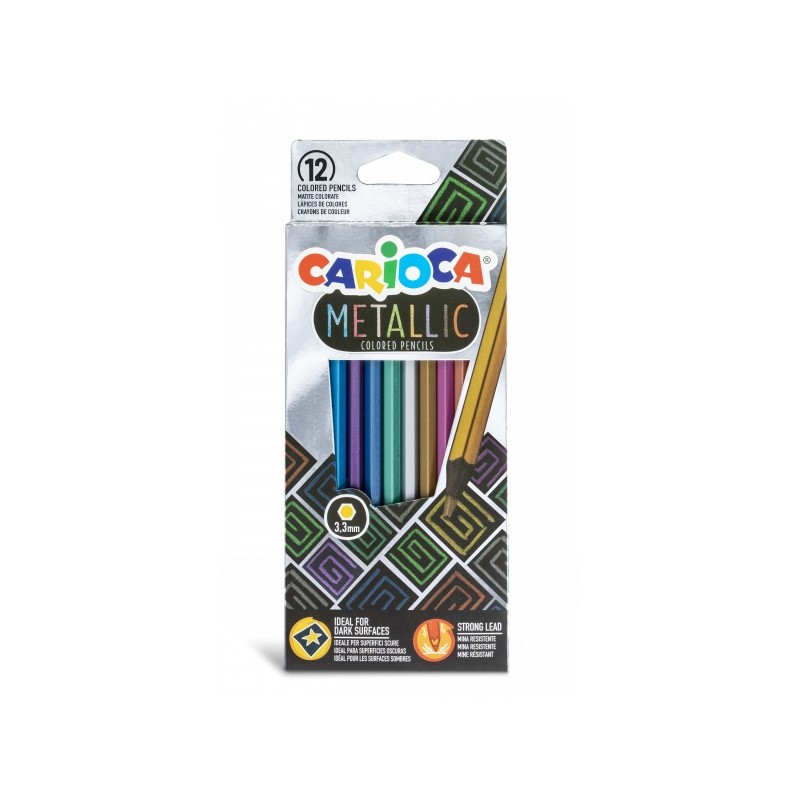 Carioca Metallic Confezione da 12 matite esagonali metallizzate - Colori coprenti - Ideali per superfici scure - Mina Pr