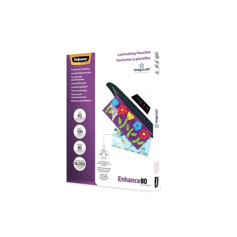 Fellowes Confezione da 100 fogli di laminazione lucidi A3 - 80 Micron - Alta qualità - Trasparente