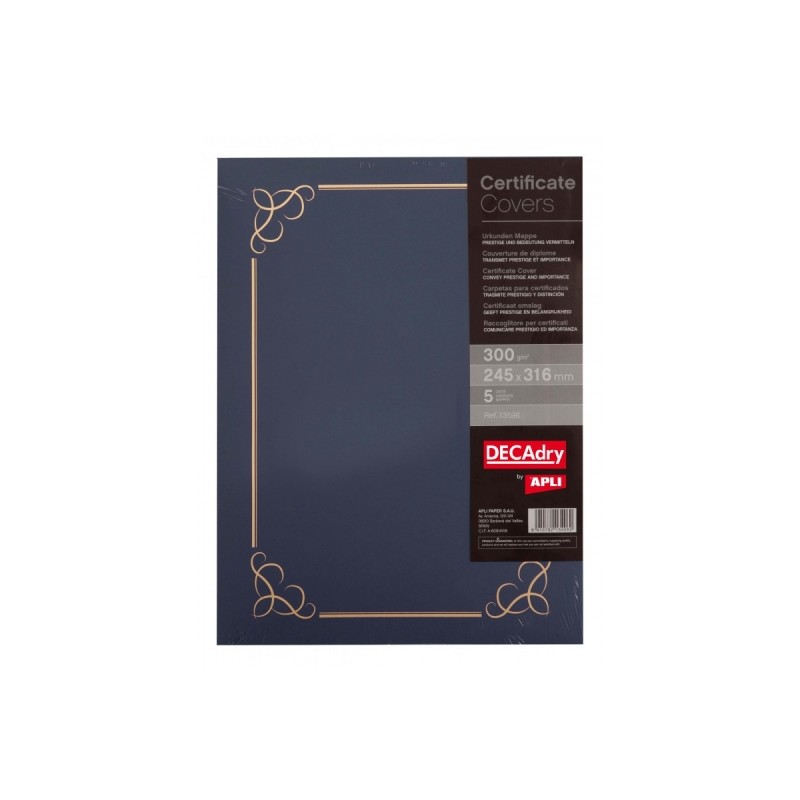 Apli Confezione da 5 cartelline per certificati e diplomi - 300gr - Bordo in rilievo - Linguette interne - Colore blu