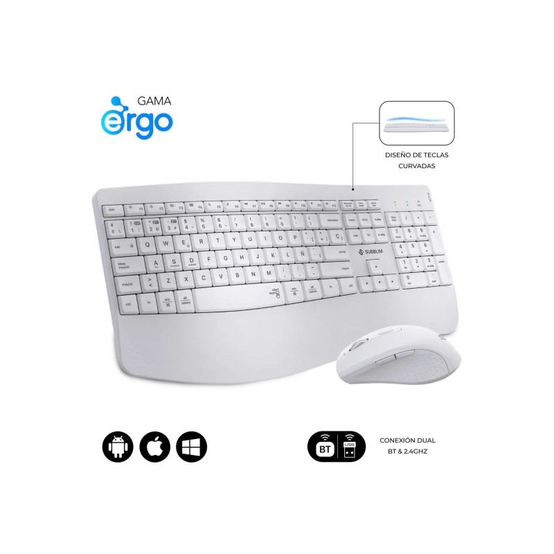 Subblim Dual Office Prowave Bianco Tastiera ergonomica + mouse 3200dpi Wireless Bluetooth 5.3 e ricevitore USB - Batteri