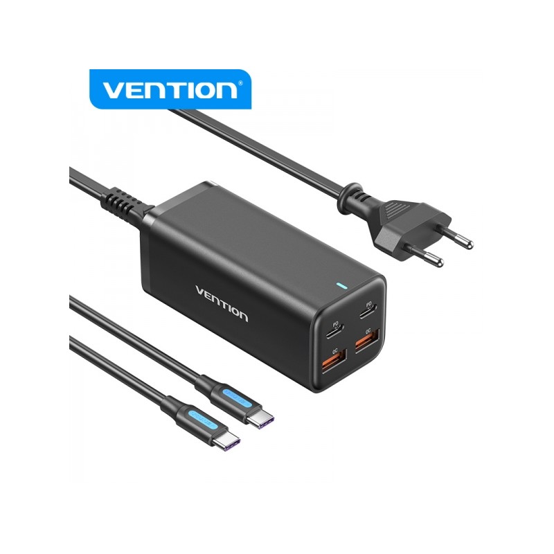 Vention GaN Caricatore portatile da tavolo a 4 porte PD100W Kit di cavi - UE - Nero
