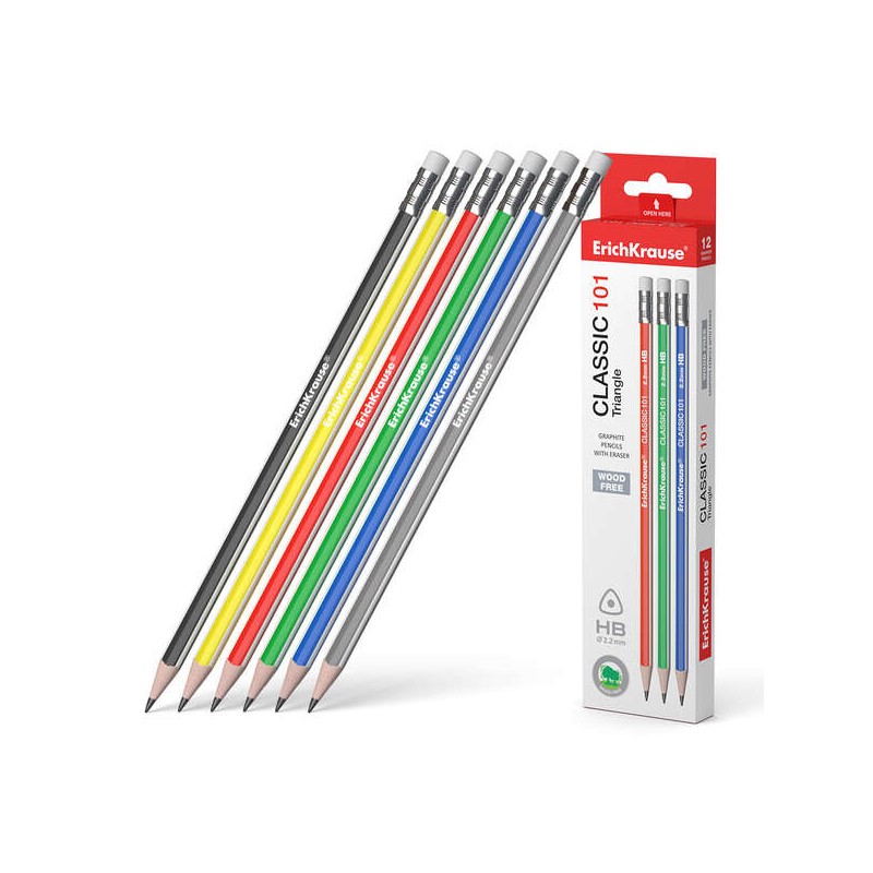 Matita di grafite in plastica Erichkrause Classic 101 HB Triangolare con gomma - Colori assortiti