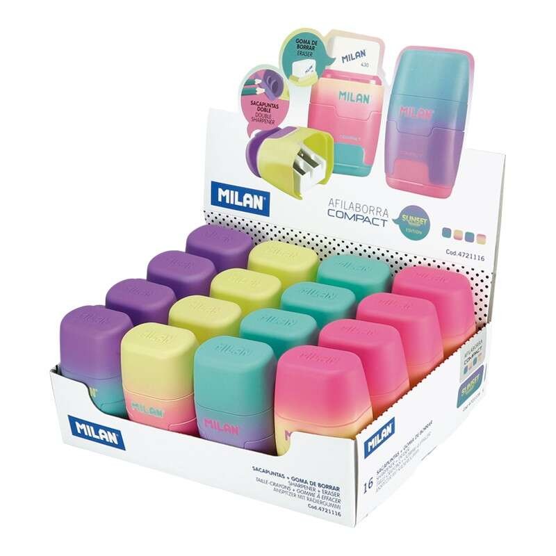 Milan Compact Sunset Display di 16 affilatrici - Uso standard e maxi - Lama d'acciaio - Gomma di gomma - Lama di sicurez
