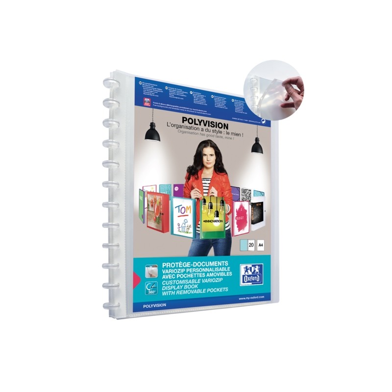 Cartella a tasca rimovibile Oxford Polyvision Variozip A4+ - Coperchio in plastica personalizzabile - 20 tasche traspare
