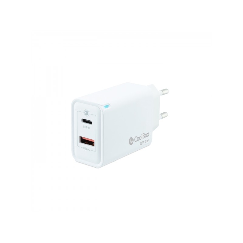 Caricatore da parete Coolbox 45W QC3.0 + PD - USB-A + USB-C - Ricarica rapida - Tecnologia GaN - Colore bianco