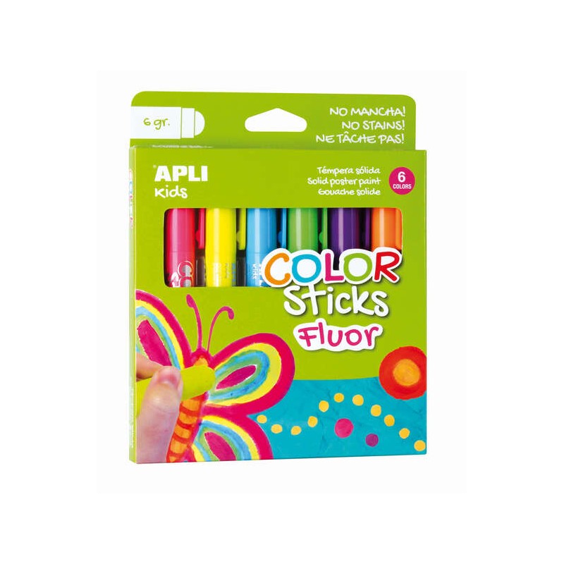 Apli Color Sticks Tempera solida fluorescente - Confezione da 6 unità da 6 g - Finitura satinata senza vernice - Asciug