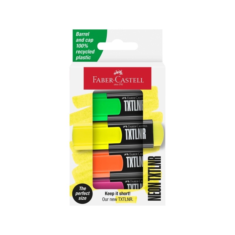 Faber-Castell TXTLNR Confezione da 4 evidenziatori - punta smussata - tratto da 1. 2 e 5 mm - inchiostro a base d'acqua 