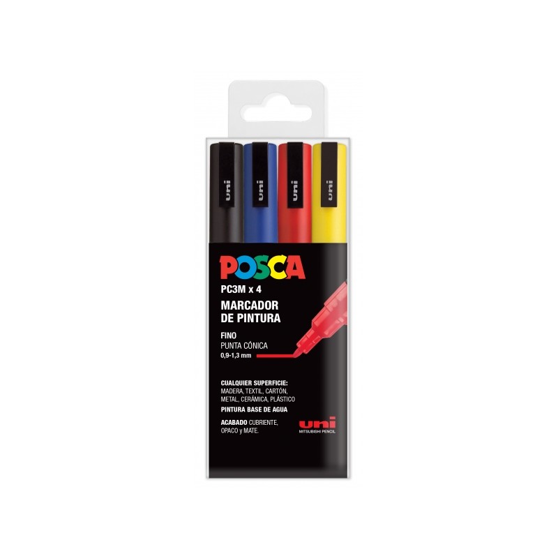 Posca PC3M Confezione da 4 pennarelli - Punta conica 0.9-1.3 mm - Inchiostro a base d'acqua - Resistente alla luce - Non