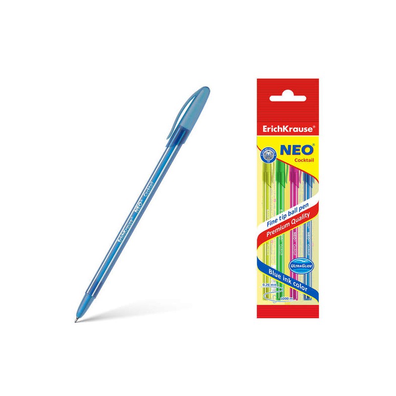 Erichkrause Neo Cocktail Confezione da 4 penne a bastoncino lucide monouso - Penna ad ago fine - Inchiostro semigel - Co