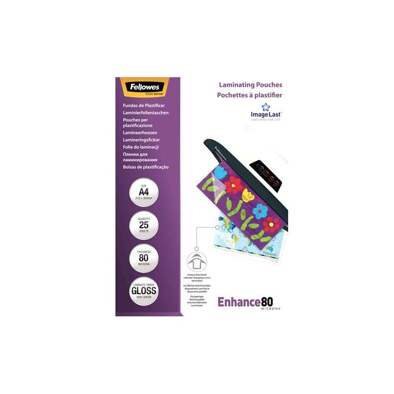 Fellowes Confezione da 25 maniche di laminazione lucide A4 - 80 Micron - Alta qualità - Trasparente