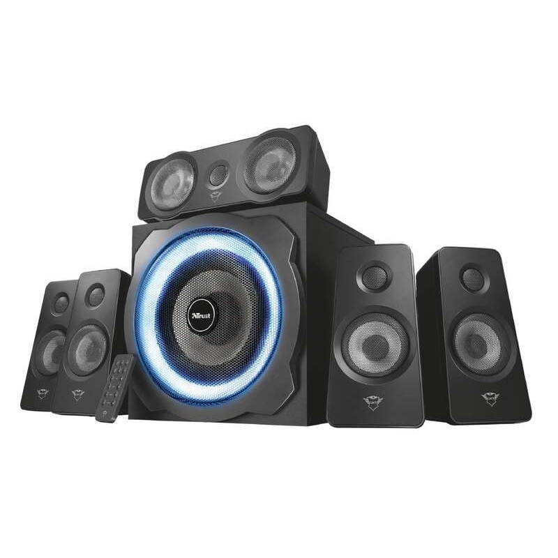 Trust Gaming GXT 658 Tytan 5.1 Speaker Set 180W - Subwoofer in legno - Illuminazione LED blu - Bassi profondi - Telecoma
