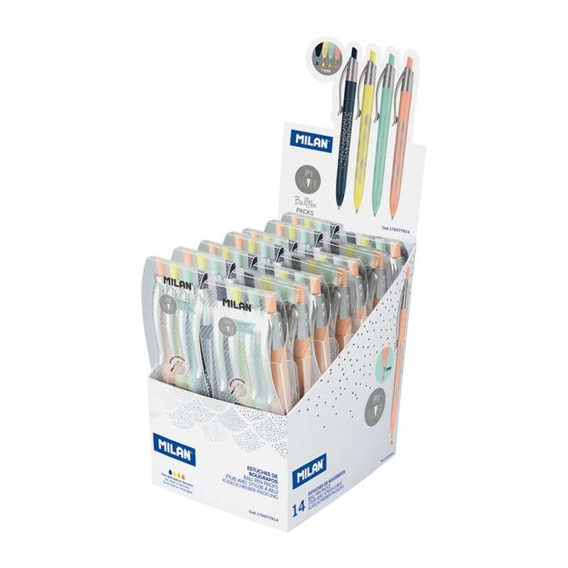 Milan P1 Silver Display di 14 confezioni da 4 penne a sfera retraibili - punta tonda da 1 mm - tocco di gomma - colori a