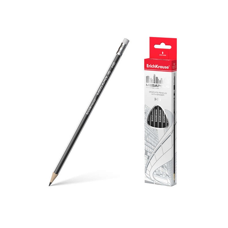 Erichkrause Megapolis HB - Matita triangolare in grafite con gomma - Legno selezionato - Durezza HB - Resistente agli ur