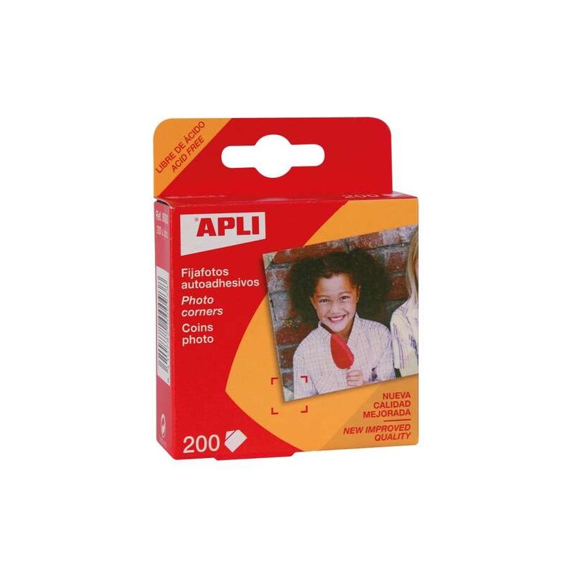 Apli Confezione da 200 Fissaggi autoadesivi per foto 18 x 17 mm - Lembo triangolare per i bordi delle foto - Facile ades