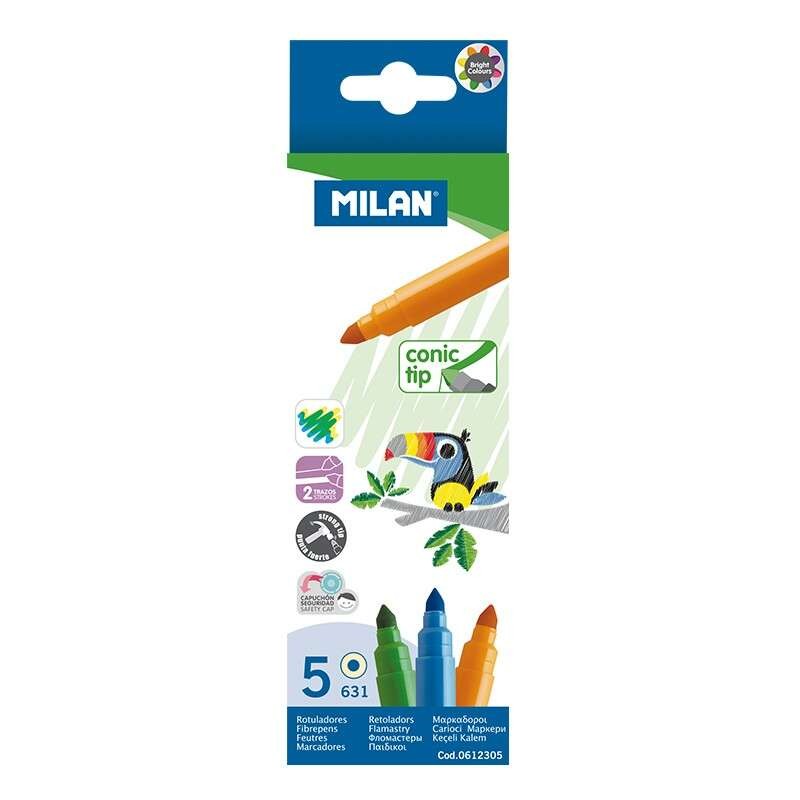 Milan Confezione da 5 pennarelli - Punta conica 5mm - Inchiostro a base d'acqua - Lavabile - Colori assortiti