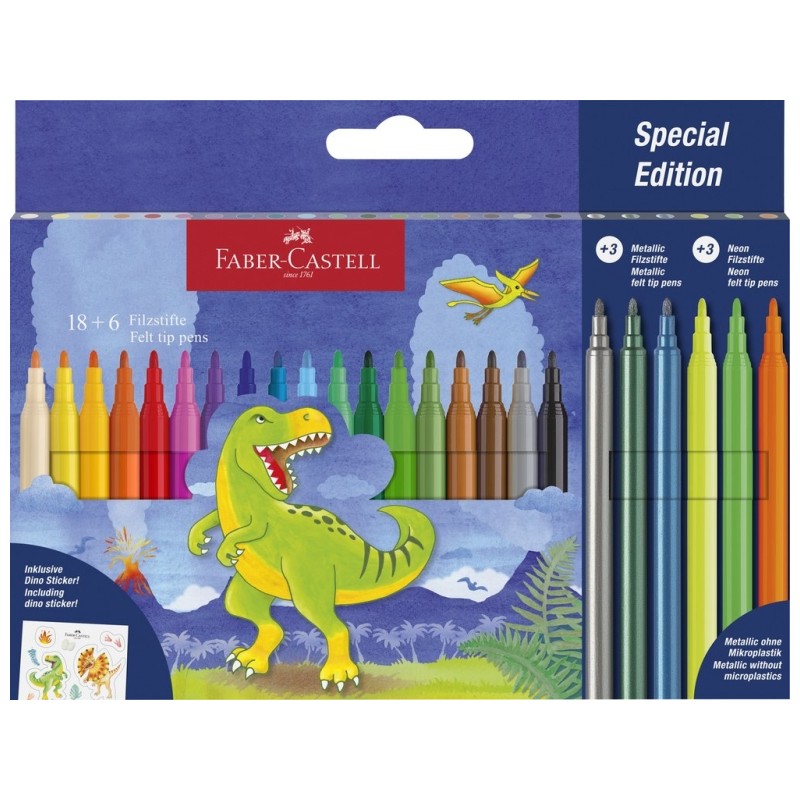 Faber-Castell Dinosaur Edition Confezione da 24 pennarelli colorati - 18 colori classici + 3 colori metallizzati + 3 col