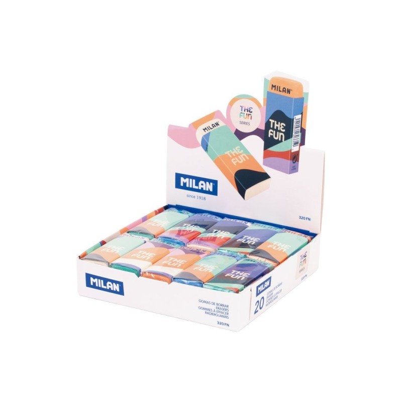 Milan The Fun Nata 320 Display con 20 gomme rettangolari - Gomma sintetica - Avvolte singolarmente - Banda e gomma in va