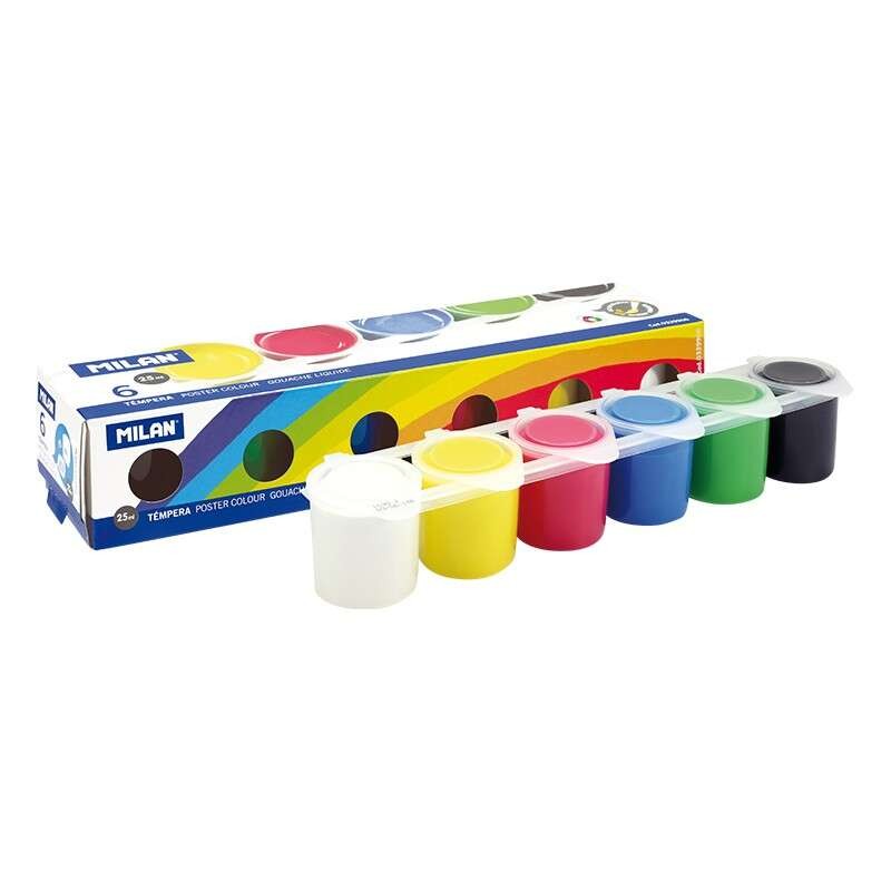 Milano Confezione da 6 flaconi di tempera 25ml + 1 pennello Serie 101 - Asciugatura rapida - Miscelabile - Colori assort