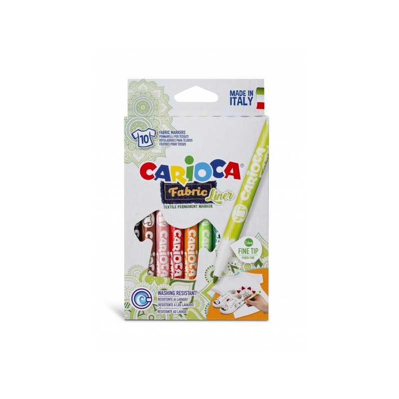 Carioca Fabric Confezione da 10 pennarelli per tessuti - Punta fine - Inchiostro speciale per tessuti - Colori indelebil