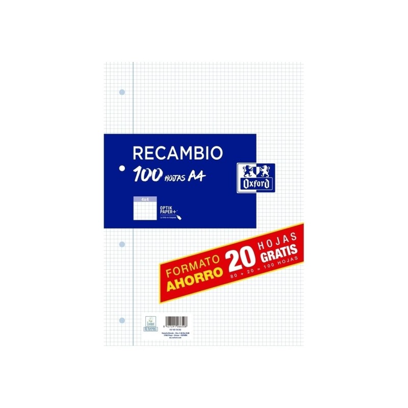 Ricariche Oxford formato A4 grigliato 4x4mm a 4 fori - 80 fogli + 20 gratuiti 90gsm con margini