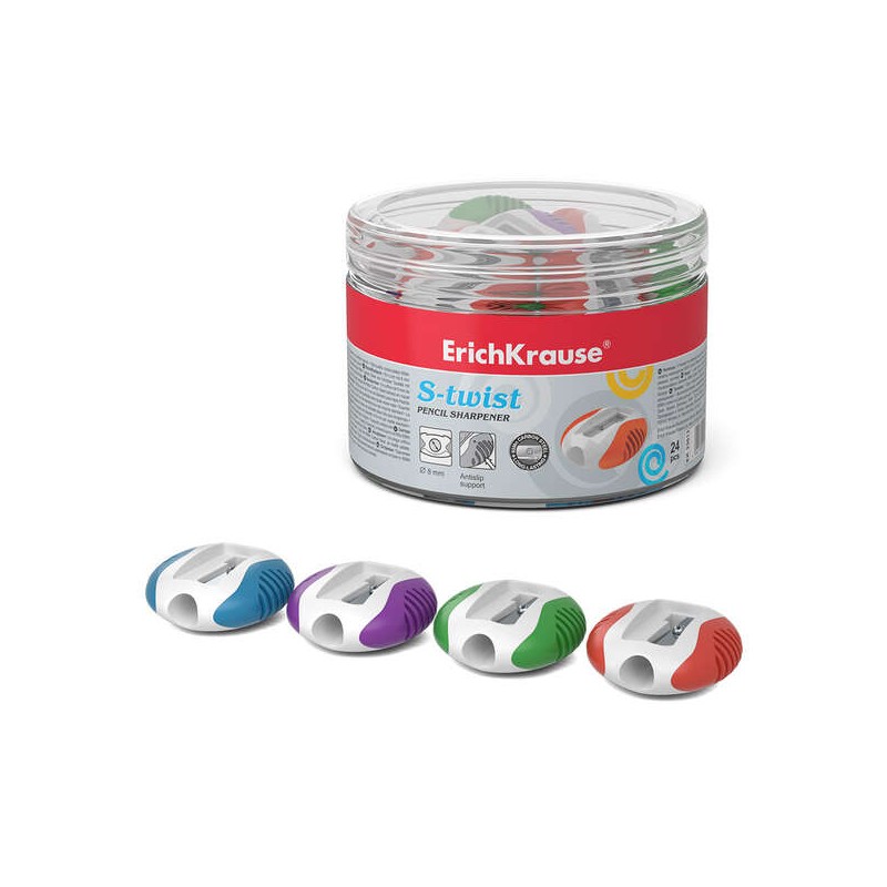 Temperamatite in plastica Erichkrause S-Twist con bordi in gomma antiscivolo - Foro da 8 mm - Lama a spirale - Colori as